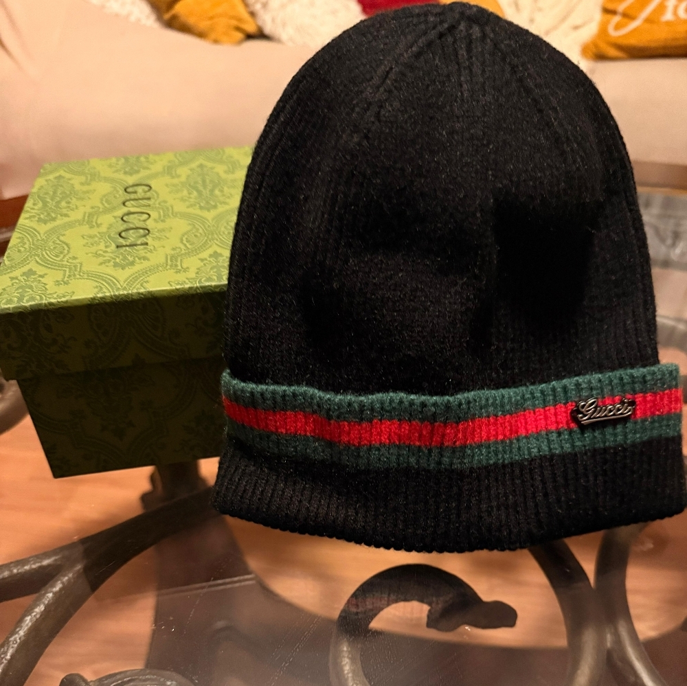 Gucci Black Knit Beanie Web Stripe Logo Hat Authentic